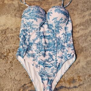 Blue and White Toile Print Swimsuit with sarong